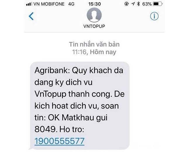 Tin nhắn đăng ký thành công VnTopup Agribank