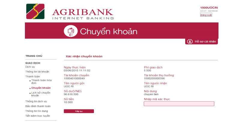Chuyển tiền qua Internet Banking Agribank