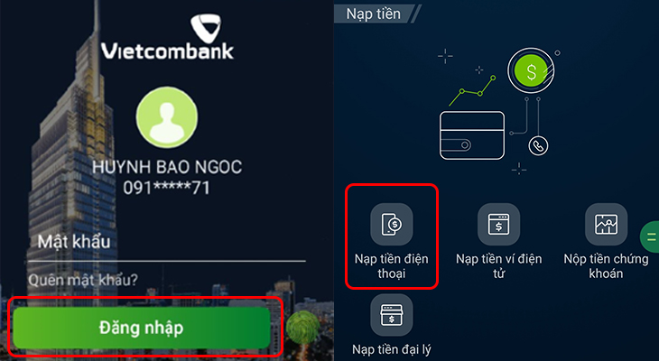 Nạp tiền điện thoại qua VCB Digibank