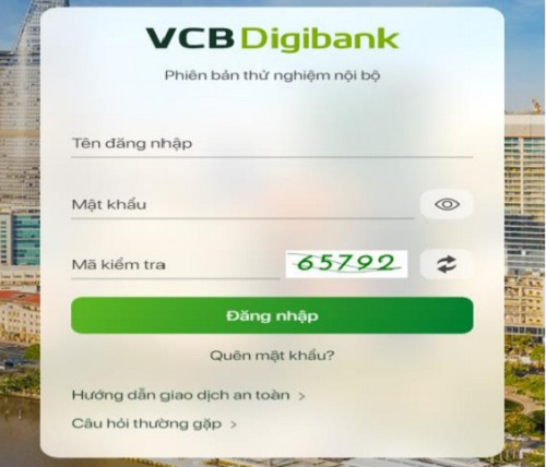 truy cập vào website VCB Digibank, nhập thông tin tên đăng nhập và mật khẩu