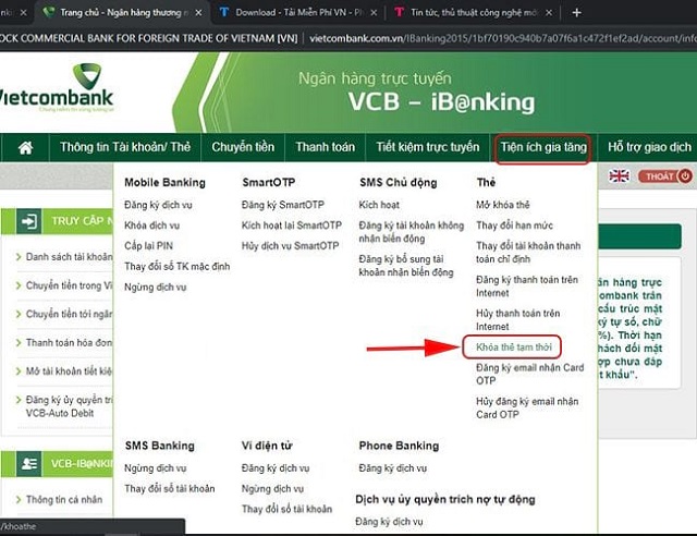 Khóa thẻ Vietcombank tạm thời trên Internet Banking