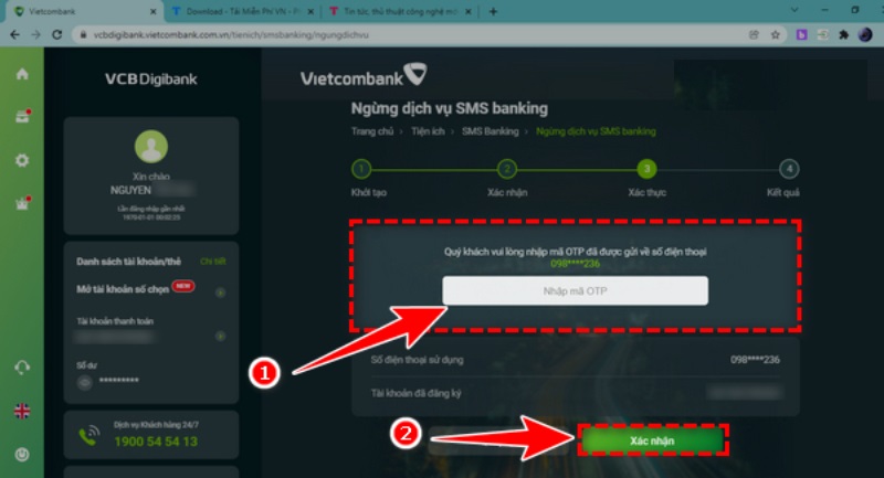 Nhập mã OTP được Vietcombank gửi về số điện thoại
