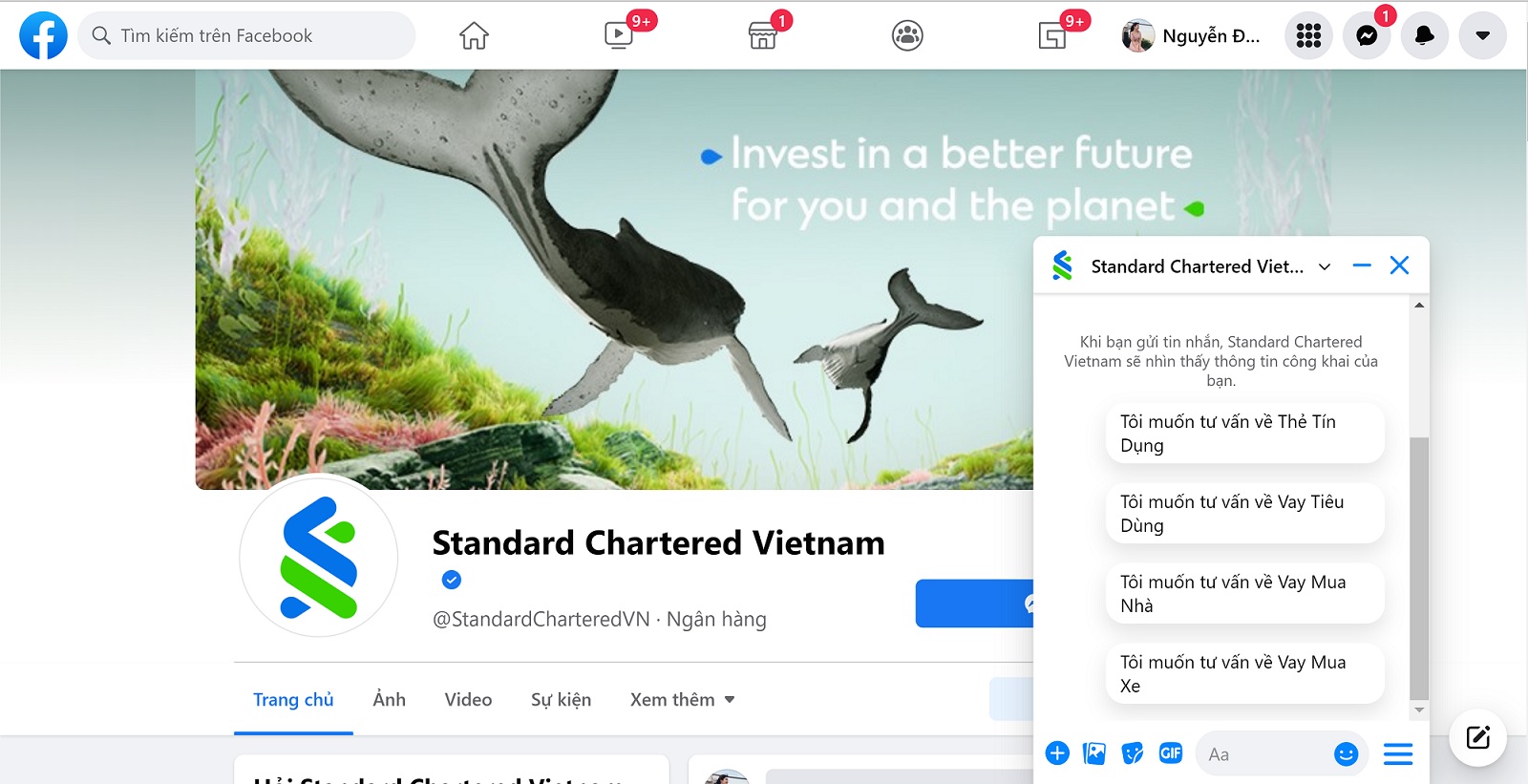 Hỗ trợ CSKH Standard Chartered qua Facebook