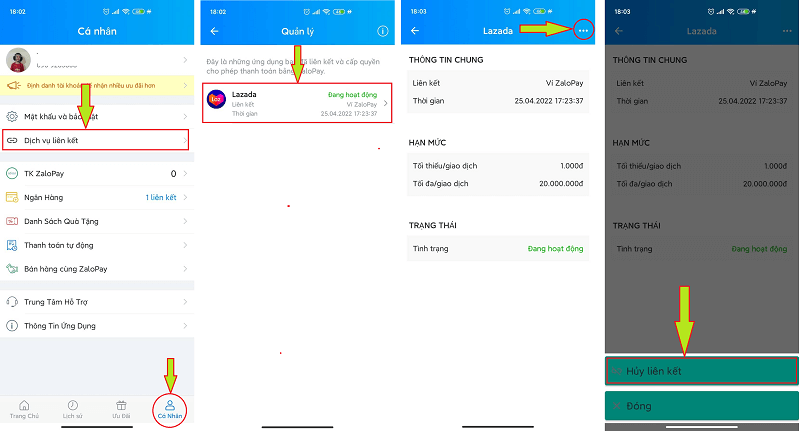 Huỷ liên kết Zalopay với Lazada trên ứng dụng Zalopay