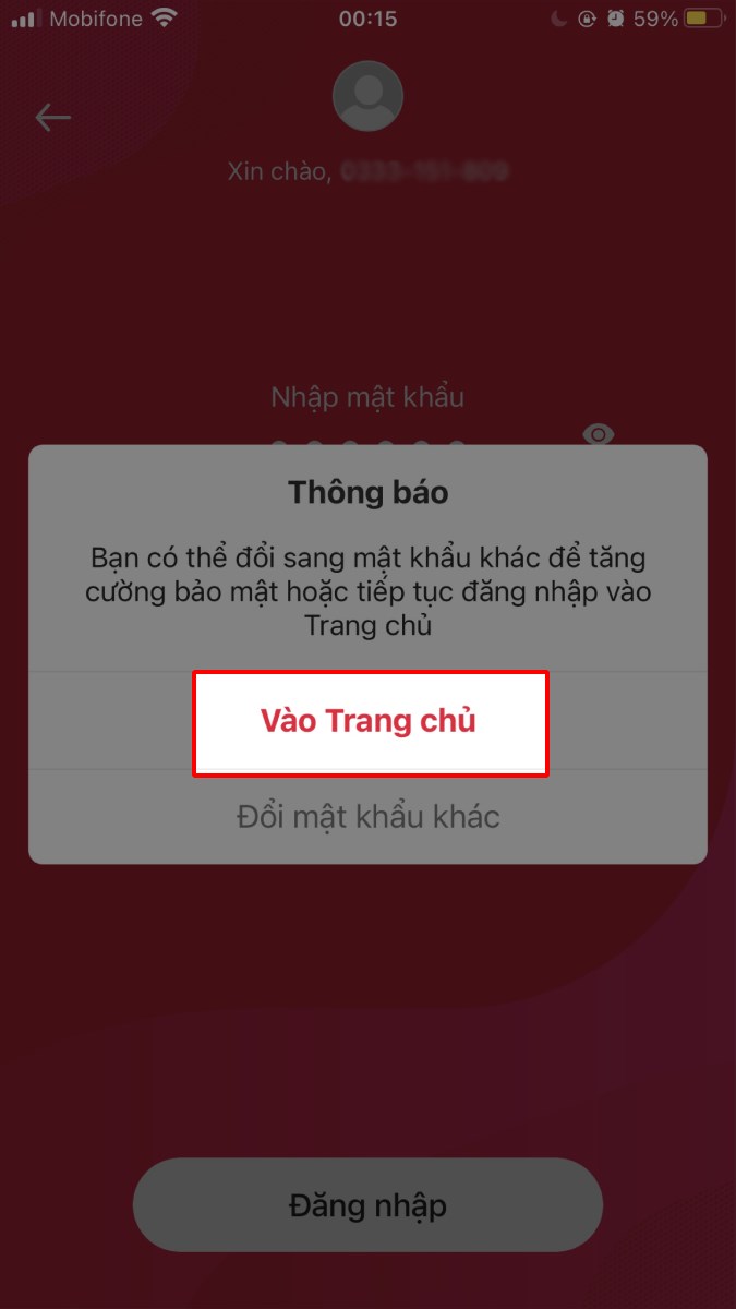 nhấn Vào trang chủ để quay lại ứng dụng Viettelpay.