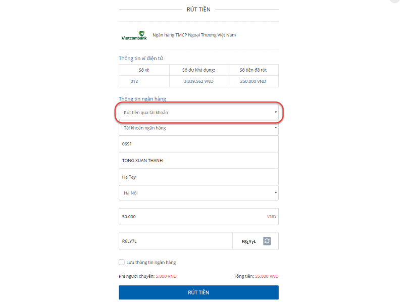 Rút tiền từ ví VTC Pay về tài khoản ngân hàng