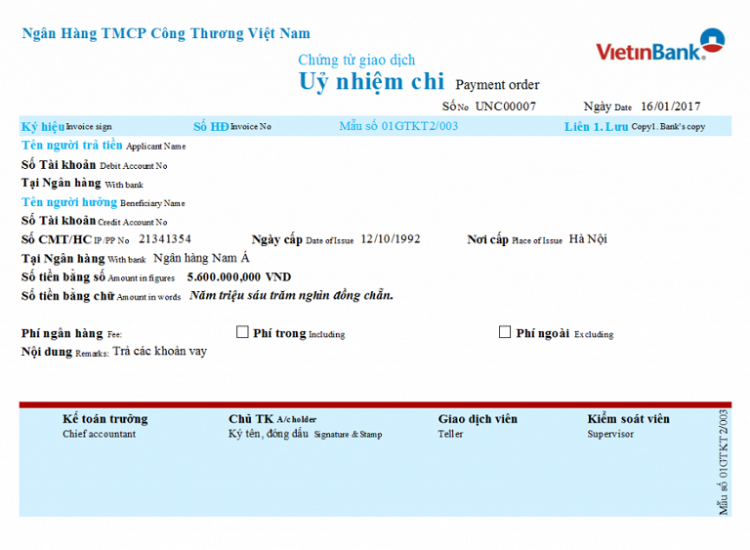 Ủy nhiệm chi (UNC) Vietinbank