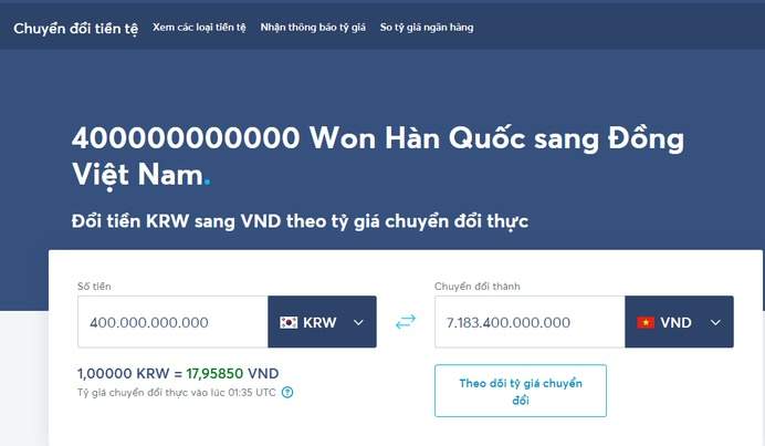 Chuyển đổi 400 tỷ Won tại các website