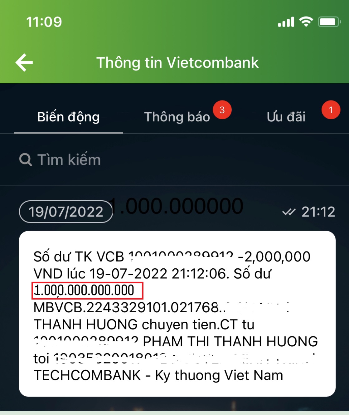 Hình ảnh số dư tài khoản Vietcombank KHỦNG