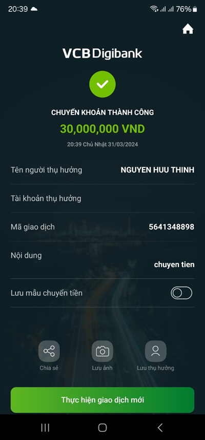 Hình ảnh chuyển tiền thành công Vietcombank