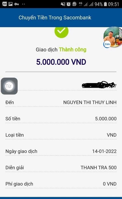 Hình ảnh chuyển tiền thành công Sacombank